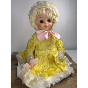 VINTAGE RUBBER FACE PLUSH DOLL PAJAMA Yellow BAG MAKEUP GUND RUSHTON 15"